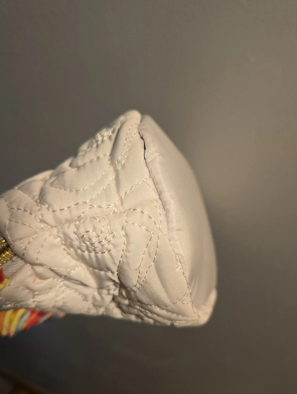 Betsey Johnson White Quilted Cosmetic Pouch with Multicolor Ruffle
